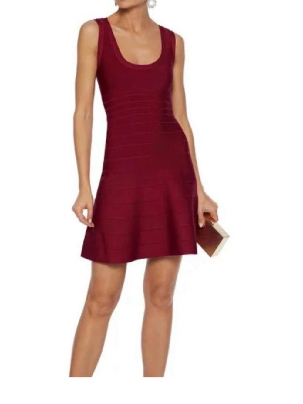 Herve Leger Sleeveless Burgundy Scoop-Neck A-Line Dress